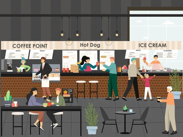 Marktplatz Einkaufszentrum Food Court Restaurants. Menschen kaufen Kaffee, Hot Dog, Eis, flache Vektordarstellung. — Stockvektor