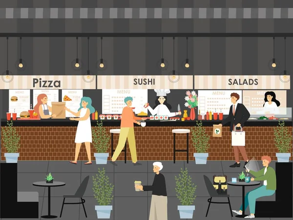 Marktplatz Einkaufszentrum Food Court Restaurants. Leute, die Pizza, Sushi, Salat, flache Vektorillustration kaufen. — Stockvektor