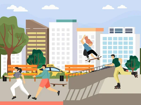 Boldog emberek gördeszkázás és görkorcsolyázás a városi parkban, vektor illusztráció. Gördeszkás rámpa. Skatepark. — Stock Vector