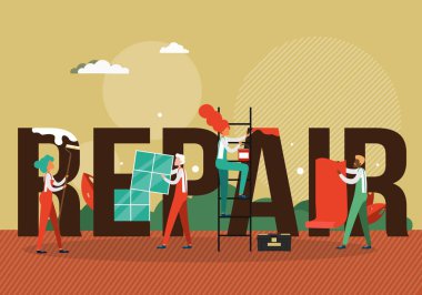 Tamir servisi tipografi afişi şablonu. Ev tadilatı ve iyileştirme. Tamirci servisi, vektör illüstrasyonu.