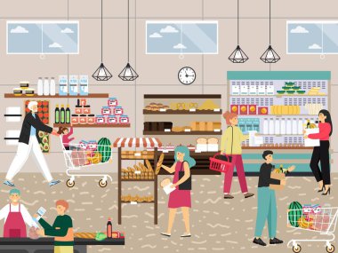 Süpermarketten, bakkaldan, yiyecek dükkanından, vektör illüstrasyonundan alışveriş yapanlar. İnsanlar meyve, taze ekmek, günlük ürünler alıyorlar.