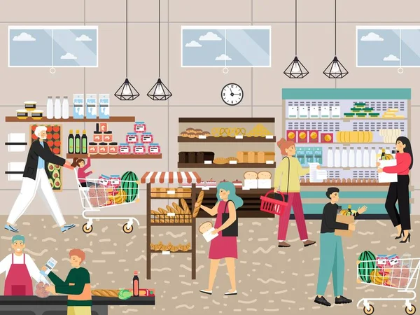 Einkäufer im Supermarkt, Lebensmittelgeschäft, Lebensmittelgeschäft, Vektorillustration. Menschen kaufen Obst, frisches Brot, Tagebuchprodukte — Stockvektor