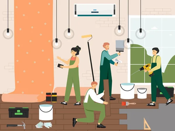 Home repair and renovation. Repairman, workman team wallpapering, laying laminate in living room, vector illustration. — Stock Vector