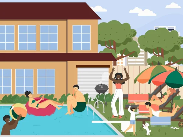 Hotel, piscina resort. Pessoas tomando sol, bebendo coquetel, ilustração vetorial. Férias de verão, piscina. —  Vetores de Stock