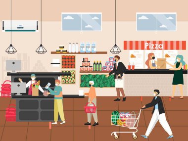 Koronavirüs salgını. Marketten. Yüzü maskeli insanlar yiyecek alışverişi yapıyor, mesafeyi koruyor, vektör çizimi yapıyor..