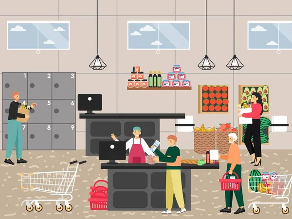 Entrada al supermercado con escritorio de cajero. Gente comprando comestibles, pagando por compras, ilustración vectorial. Tienda de alimentos. — Vector de stock