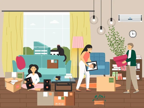 Familia feliz mudándose a un nuevo hogar, ilustración vectorial. La gente empaca cosas en cajas de cartón. Casa móvil y reubicación — Archivo Imágenes Vectoriales