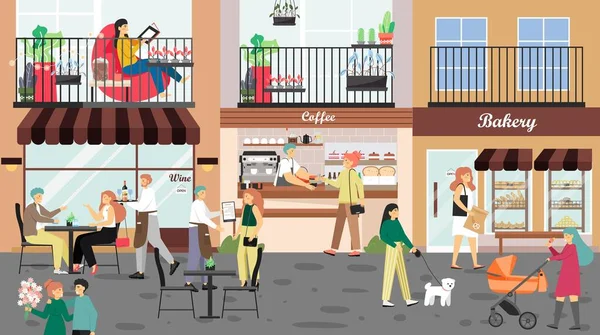 Pessoas que visitam cafetaria, café, padaria, andando pela rua da cidade, ilustração vetorial. Pequena loja exterior, clientes — Vetor de Stock