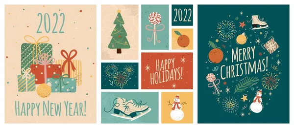 Merry christmas and happy new year greeting cards template. Vector set of winter holiday illustrations in vintage style. Christmas tree and gifts. 2022 new year hand drawn poster — Stock Vector