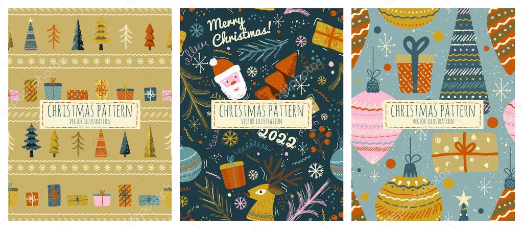 Christmas seamless pattern vector set in vintage scandinavian style. New year winter holiday background with christmas tree, santa claus and gifts