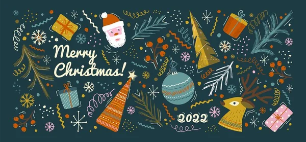 Christmas and Happy New Year pattern background. Vector illustration with Christmas toys and gifts. Banner and holiday greeting card template. 2022 winter season decoration design — Stock Vector
