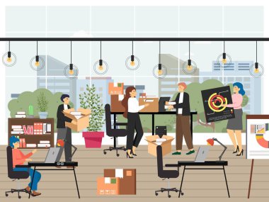 Ofis sahnesi hazır, düz vektör çizimi. Çalışma akışı, taşınma ve yeni ofis alanına taşınma.