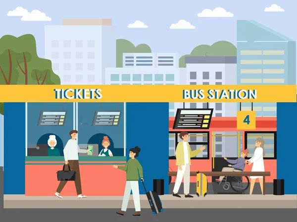 Passagerare köper biljetter på busstationen, platt vektor illustration. Intercity busshållplats terminal med turister — Stock vektor