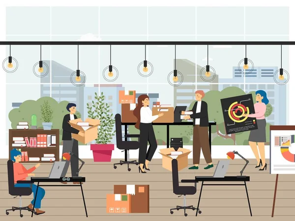 Scena dell'ufficio, illustrazione vettoriale piatta. Flusso di lavoro, trasloco e trasferimento in un nuovo spazio ufficio. — Vettoriale Stock