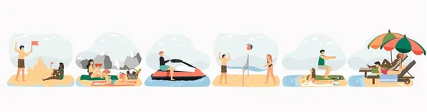 Conjunto de vacaciones de verano playa, ilustración vectorial. Gente tomando el sol haciendo castillo de arena, jugando pelota, montando scooter de agua — Vector de stock