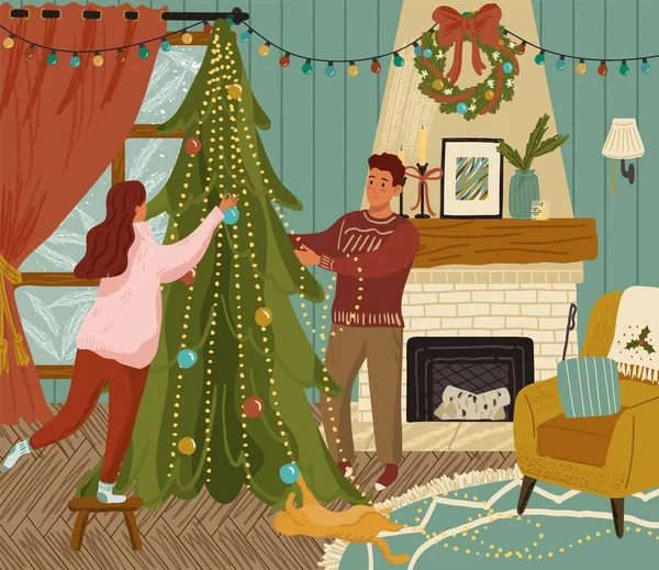 Couple décoration arbre de Noël avec des ornements et des guirlandes. Bonne famille se préparant pour 2022 nouvelle célébration des vacances de l'année. Illustration vectorielle colorée dans un style dessiné à la main — Image vectorielle