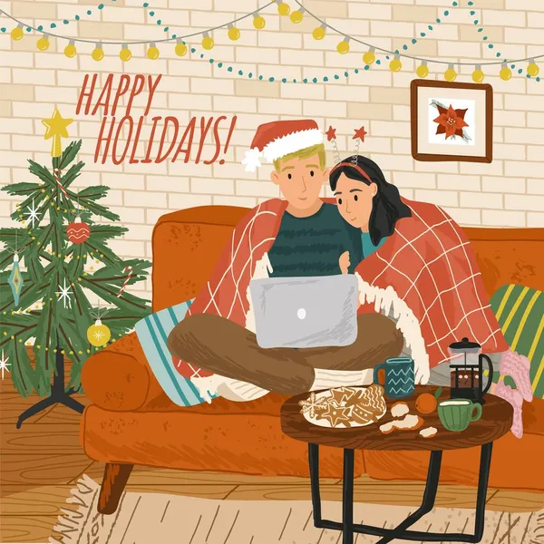 Happy couple sitting and hugging each other. Holiday vector illustration. Romantic couple relaxing and enjoying Christmas mood at home. Man and woman sitting on sofa under plaid and watching movie — Stock Vector