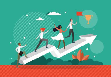 İş adamları bayrağa ulaşmak için birbirlerine yardım ediyorlar, vektör illüstrasyonu. Takım çalışması, hedef başarısı, başarı.