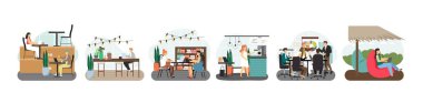 Aynı uzay sahnesi seti. Serbest çalışanlar, ortak ofis alanını paylaşan uzak ekipler. Modern paylaşılan çalışma alanı, vektör.
