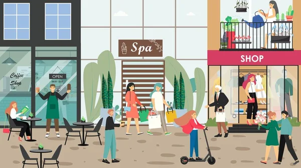 Menschen besuchen Cafe, Bekleidungsgeschäft, Wellness-Salon, zu Fuß die Einkaufsstraße der Stadt, Vektorillustration. Öffentlicher Raum. — Stockvektor