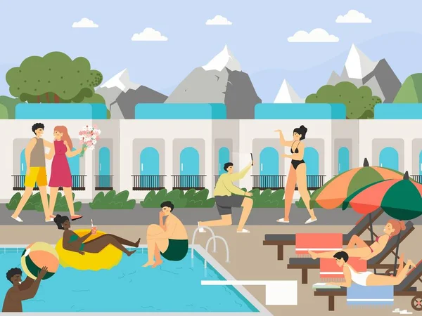 Pessoas relaxando por casa de hotel, piscina resort, ilustração vetorial plana. Festa na piscina. Férias. —  Vetores de Stock