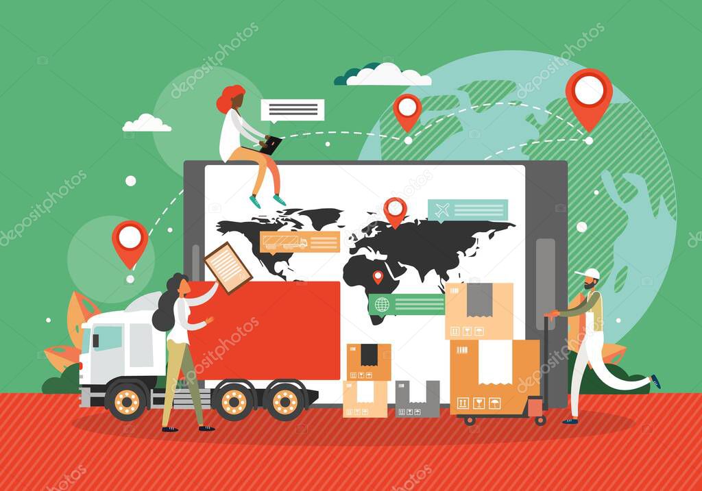 Online delivery and tracking services. Worldwide logistics, international shipment, global package tracking, vector.