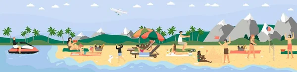 Gente disfrutando de vacaciones en la playa tropical, ilustración vectorial plana. Actividades de playa de verano. Viajar. Verano.. — Vector de stock