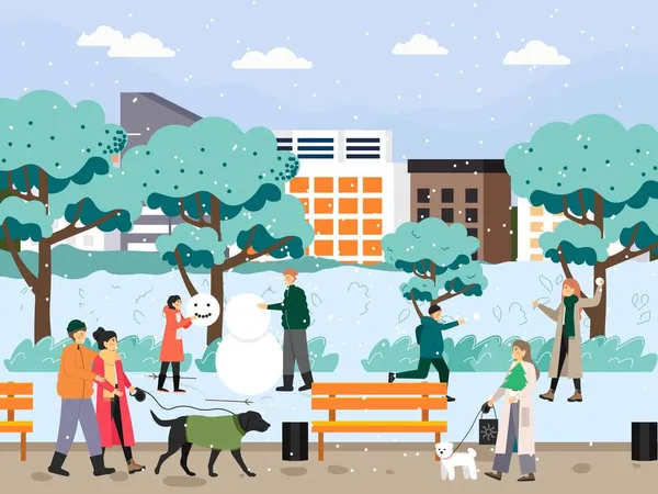 A boldog emberek hóembert csinálnak, hógolyóznak, kutyát sétáltatnak a városi parkban, vektorillusztrációt készítenek. Téli szabadtéri tevékenységek. — Stock Vector