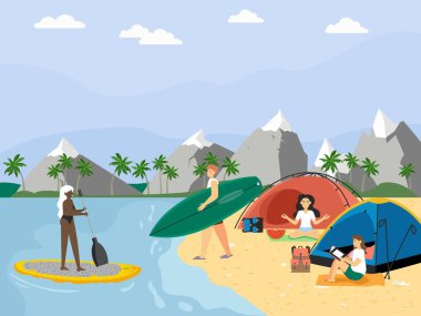 İnsanlar sahilde çadırlarla dinleniyor, SUP sörfü yapıyorlar. Yaz tatili, seyahat, kamp, plaj aktiviteleri, vektör.