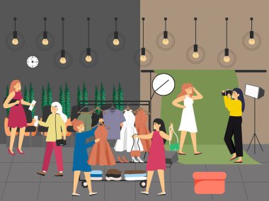 Moda mankeni podyum salonu ve foto-foto sahneleri, vektör illüstrasyonu. Moda endüstrisi.