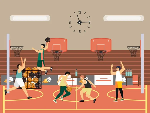 Basketbol oynayan bir grup insan, vektör çizimi. Takım oyunu, basketbol amatör turnuvası, maç.