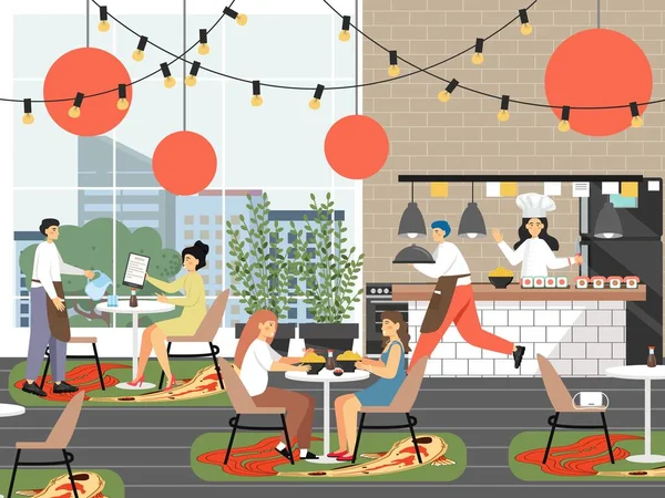 Mujeres cenando en un restaurante japonés, ilustración vectorial. Rutina diaria, vida cotidiana, hábitos diarios. — Vector de stock