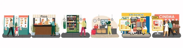 Verkaufsautomaten, Reise- und Kinokarten, Essens- und Getränkekioske im Restaurant, Supermarkt-Selbstbedienungskasse, Vektor. — Stockvektor