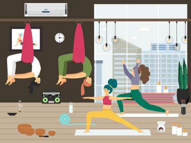 Kızlar yoga yapıyor, esneme egzersizleri yapıyor. Sinek yogası, spor salonu, spor ve sağlıklı yaşam tarzı, vektör.