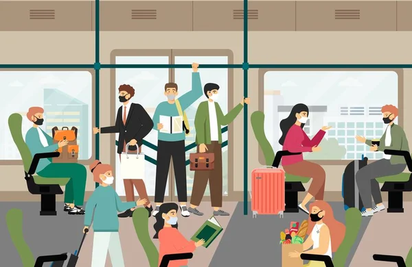 Pasażerowie w maskach podróżujący autobusem, tramwajem. Ludzie dojeżdżający do pracy w miejskim transporcie publicznym, ilustracja wektora. — Wektor stockowy
