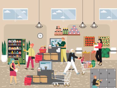 İnsanlar süpermarketten, kasiyerden ve otomattan yiyecek alıyor. self servis teknolojileri, vektör.
