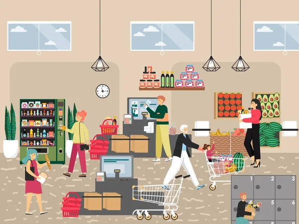 Gente comprando comida en el cajero de autoservicio del supermercado y de la máquina expendedora. Tecnologías de autoservicio, vector. — Vector de stock