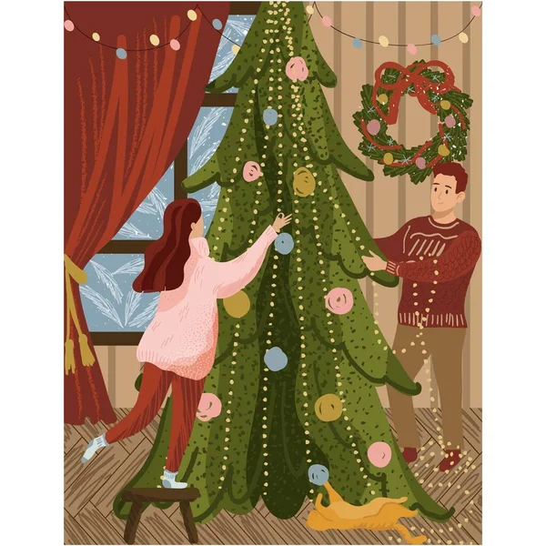 Christmas tree decorate at home vector card — Stock Vector
