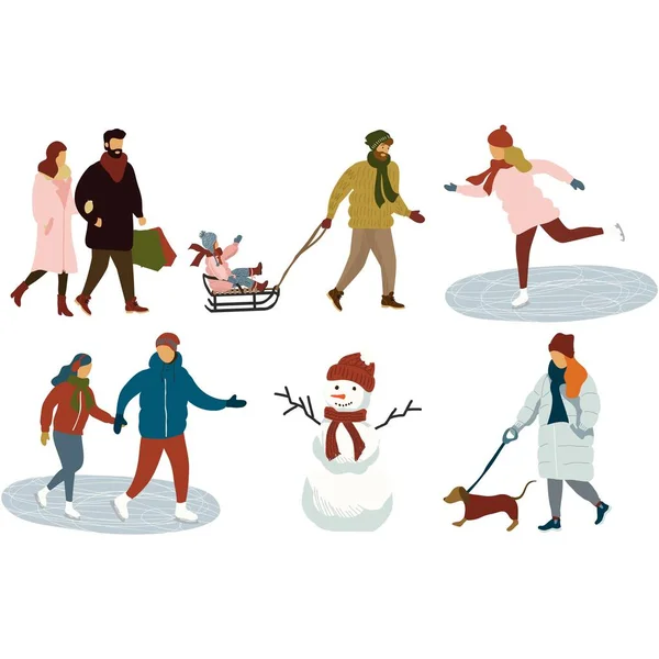 Kış insanları çizgi film Noel düz simgesini taşıyacak — Stok Vektör