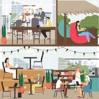 Serbest çalışmak için iki katlı bir ofis, uzaktan kumanda. Dizüstü bilgisayarda çalışan insanlar, toplantı, vektör