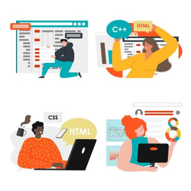 Yazılım geliştiricileri, programcılar kodlama, programlama, web sitesi oluşturma, vektör izole resimleme. Web Geliştirme.