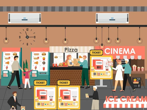 Menschen kaufen Kinokarten am Selbstbedienungskiosk, Fast-Food-Snacks im Einkaufszentrum Food Court. Self-Service-Technologie, Vektor — Stockvektor