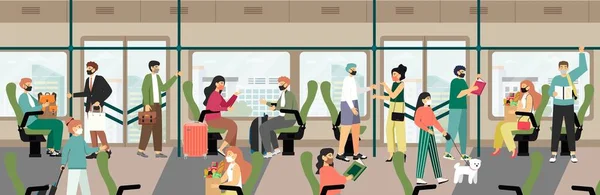 Ludzie w maskach w miejskim transporcie publicznym. Bezpieczna podróż, dojazdy autobusem, pociąg metra, tramwaj, wektor ilustracji — Wektor stockowy