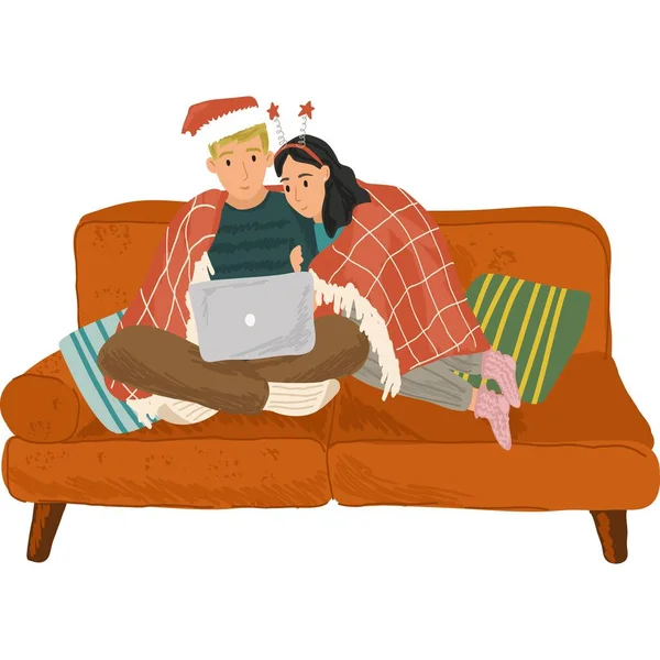 Couple watch movie on laptop on sofa icon vector — Stock Vector