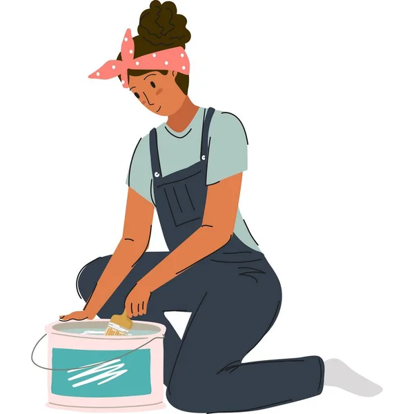 Frau malt mit Pinsel Ikone zu Hause Reparatur-Vektor — Stockvektor