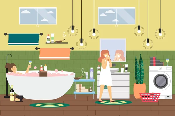 Woman taking bath, cleansing face in bathroom at home, vector illustration. Hygiene, body care, relax, daily routine. — 图库矢量图片