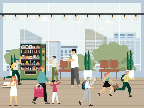 Students, kids with parents in school hall or corridor, vector illustration. School break, education concept. — Stockvektor