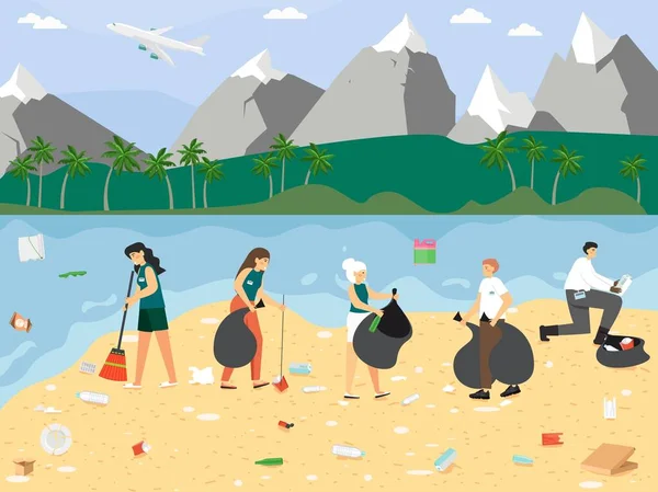 Voluntarios recogiendo basura en bolsas de basura en la playa, ilustración vectorial plana. Limpieza de residuos de la costa oceánica, ecología. — Archivo Imágenes Vectoriales