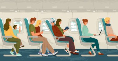 Airplane cabin interior with people aboard. Hand drawn vector illustration concept. Passengers sitting on chairs in plane during a flight. People travel by plane in economy class