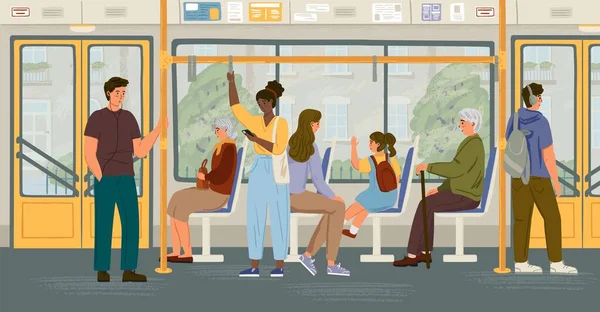 People in bus vector concept illustration. City public ptransport interior, sitting and standing passengers. People commute by bus — Vettoriale Stock
